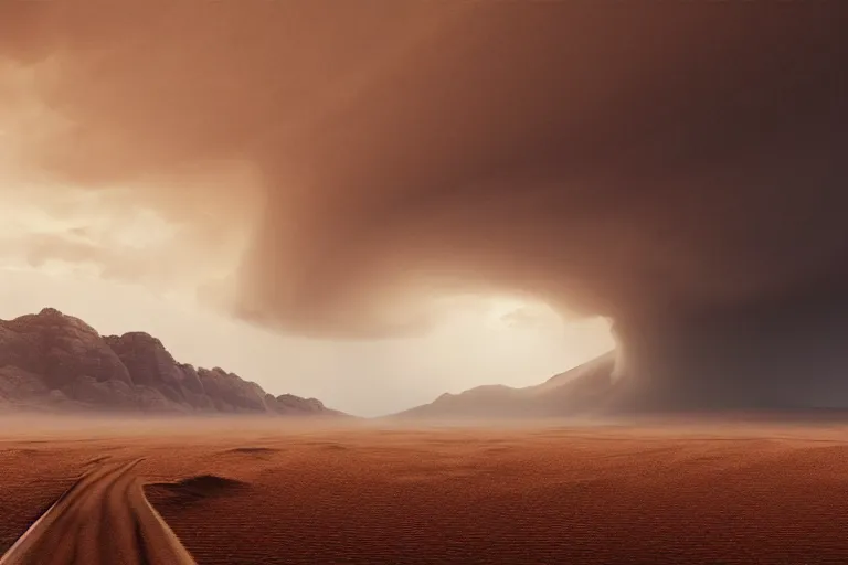 Image similar to a dust storm rolling over a desert, dramatic, mid day, mountain background, large scale, wide angle, hyperrealistic, lots of detail, realistic lighting, octane render, by wlop, artgerm, trending on artstation