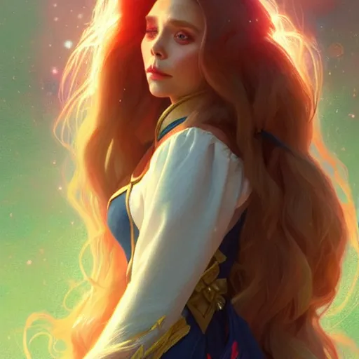 Image similar to Elizabeth Olsen as Sailor Moon, western, D&D, fantasy, intricate, elegant, highly detailed, digital painting, artstation, concept art, matte, sharp focus, illustration, art by Artgerm and Greg Rutkowski and Alphonse Mucha