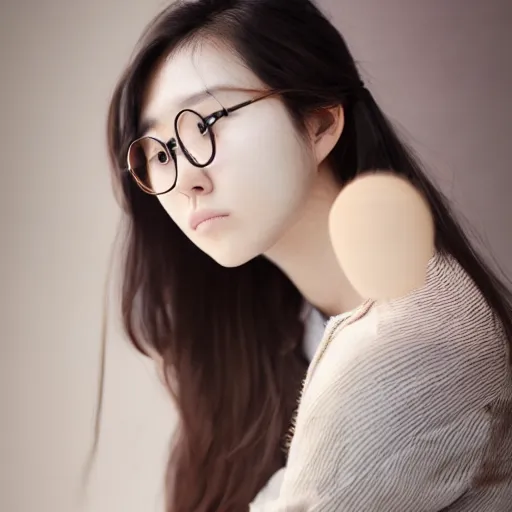 Prompt: portrait, award - winning photo, cute, beautiful, faired skin, round faced, brown colored long hair, korean girl, wearing round glasses, white trendy clothes, bokeh