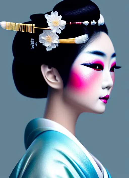 Image similar to Geisha photo portrait, beautiful makeup, pearlescent skin, elegant pose, highly detailed kimono, photorealism, artstation, different point of view, sharp focus, photorealistic, soft diffuse lights, canon 5D 50 mm lens, zen natural background, def of field