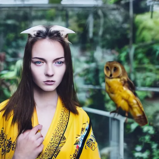 Image similar to amazing portrait photograph of beautiful young female model, symmetric face, symmetric eyes, slight smile, natural light,wearing a yellow kimono with a very detailed barn owl on her shoulder!!! in a tropical greenhouse. looking at the camera!!. super resolution. Extremely detailed. art by Rineke Dijkstra.