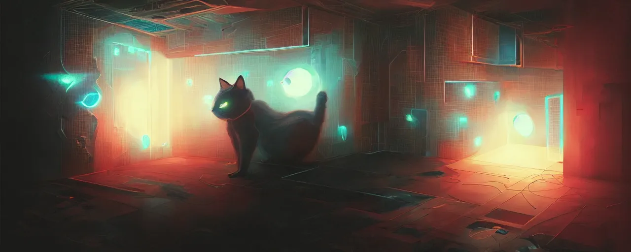 Prompt: duotone noir scifi concept illustrationt of black cat inside a quantum box glowing mesh portals, glowing eyes, octane render, surreal atmosphere, volumentric lighting. accidental renaissance. by sachin teng and sergey kolesov and ruan jia and heng z. graffiti art, scifi, fantasy, hyper detailed. trending on artstation