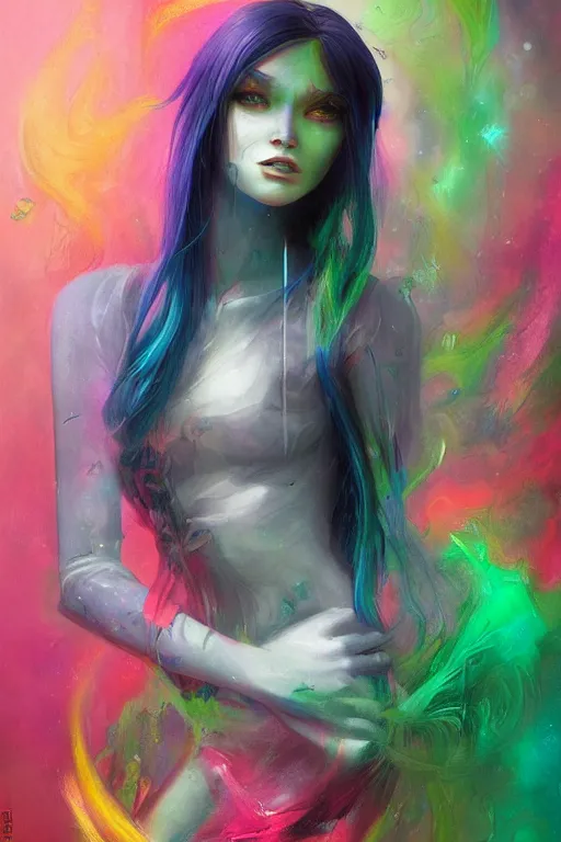 Image similar to a psychedelic woman with green hair wearing a cool grey shirt, by ross tran, oil on canvas