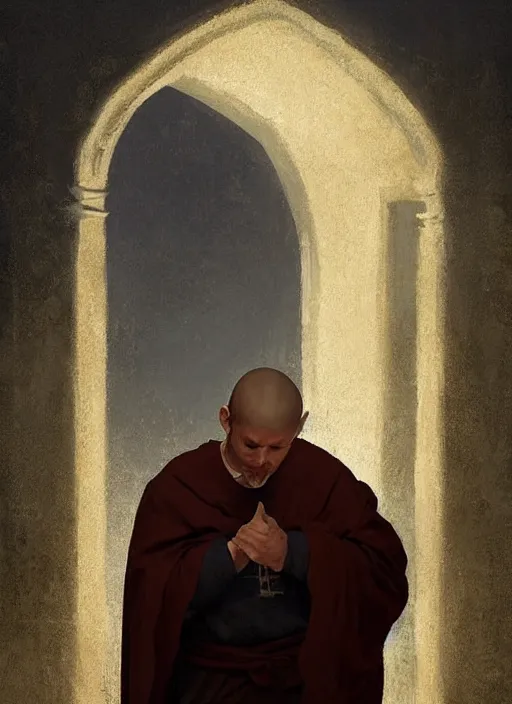 Image similar to oil painting portrait of a weeping sobbing tonsured dominican monk in a brown habit, kneeling in a blue cold moonlit empty small chapel at night, hazy, digital art, artstation, cinematic, moonlight, digital art painting by greg rutkowski, hazy atmosphere, candles, cinematic blue lighting