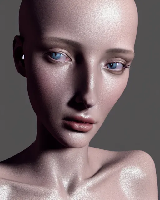 Image similar to 3D render of a beautiful portrait of a young female, elegant, highly detailed, flesh ornate, elegant, high fashion, rim light, ray trace, octane render in the style of H.R. Giger and Man Ray, Realistic, Refined, Digital Art, Highly Detailed, Cinematic Lighting, rim light, photo-realistic Unreal Engine, 8K