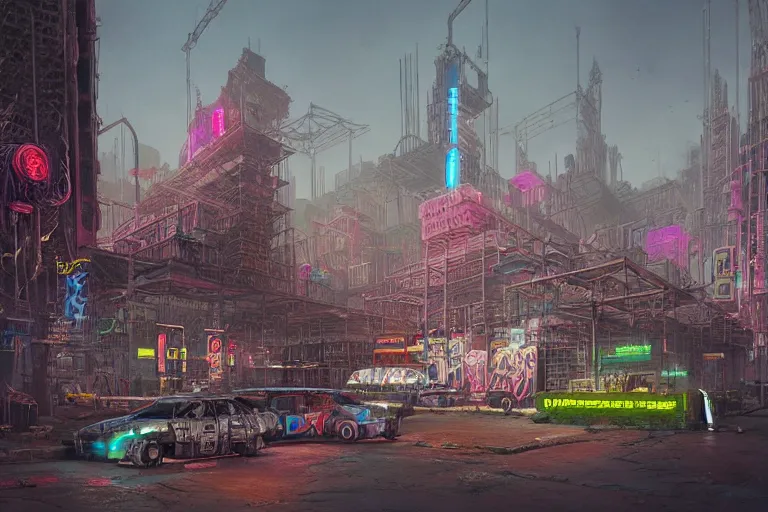 Prompt: hyperrealistic matte painting of aztec temples in a cyberpunk future environment with mechanical features and neon, graffiti, scaffolding, smog, destruction by filip hodas, beeple, 4 k, trending on cgsociety