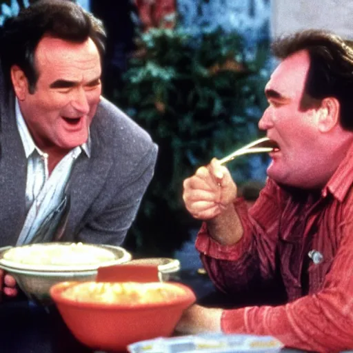 Prompt: robin williams spoon feeds john candy the viscous bbq sauce