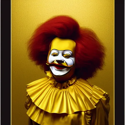 Image similar to extremely detailed studio portrait of ronald mcdonald surrended by gold, soft light, golden glow, 4 k