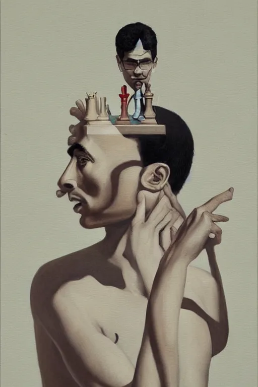 Image similar to a painting of anish giri as chess theoretician pondering over a chess board, a surrealist painting by james jean, trending on cgsociety, pop surrealism, androgynous, grotesque, angular