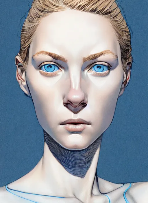 Image similar to a close up on the face of a beautiful woman in a future space suit; highly detailed; pretty blue eyes; pupils; artwork by james jean and Phil noto