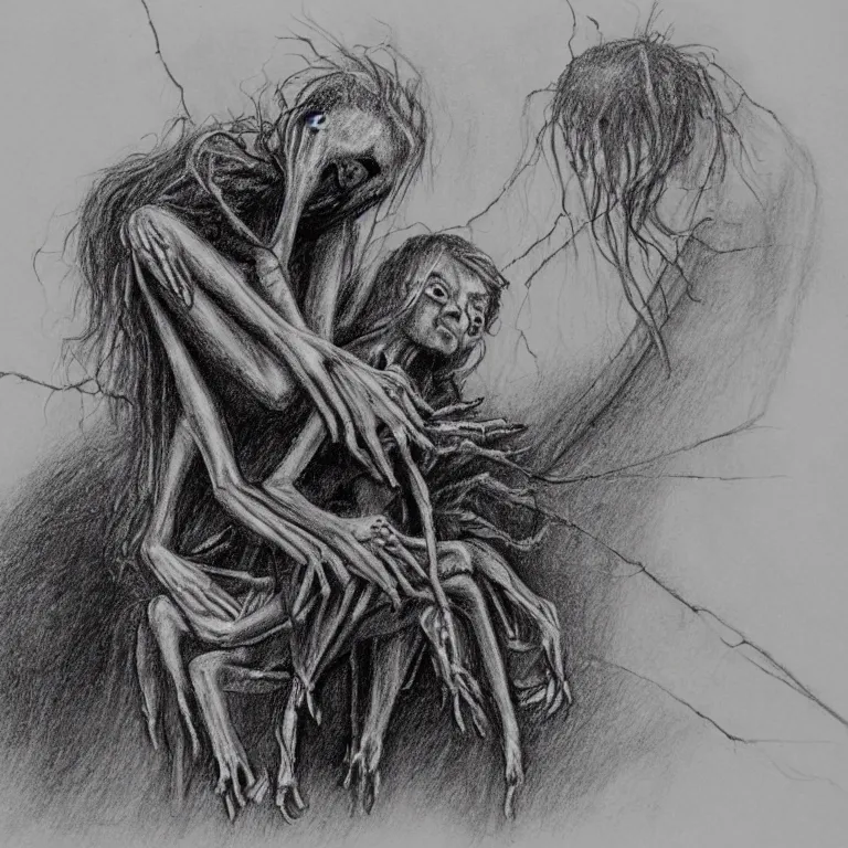 Prompt: a drawing in the style of stephen gammell of a spider consoling a crying child