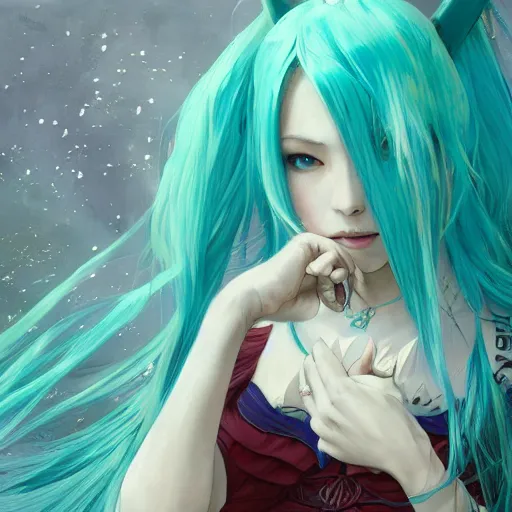 Image similar to a beautiful portrait of hatsune miku with teal colored hair with deep red highlights as a witch, fantasy, intricate, elegant, highly detailed, digital painting, artstation, concept art, matte, sharp focus, illustration, art by greg rutkowski and alphonse mucha