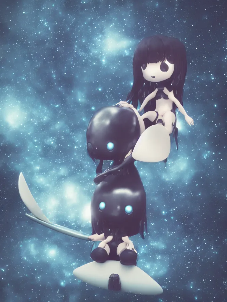 Image similar to cute fumo plush gothic maiden alien girl sitting on a surfboard in the dark galactic abyss, heart eyes, vignette, vray