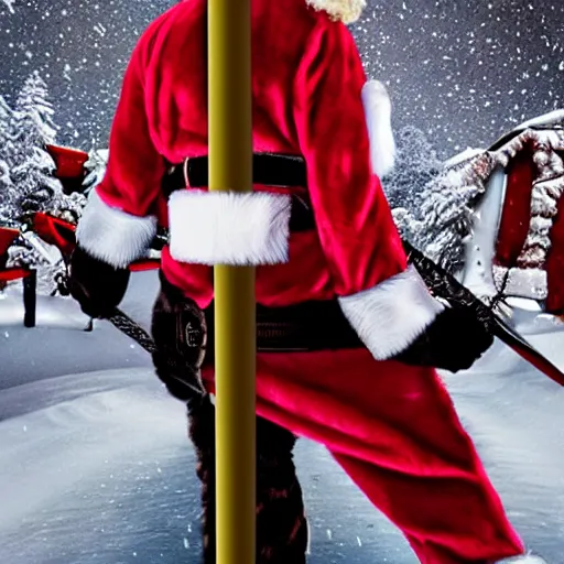 Prompt: a sword hangs across the back of santa's sleigh just in case