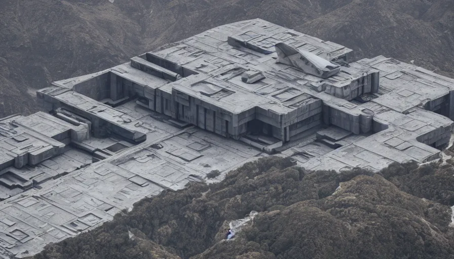 Image similar to big brutalist imperial military base on cliffs, drawing architecture, very long shot, top angle, imperial architecture in star wars, pritzker architecture prize, brutalism architecture, jan urschel, greig fraser