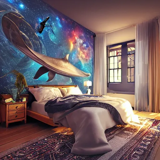 Prompt: a cozy bohemian bedroom interior with wall murals of space whales, detailed, high resolution, wow!, intricate, volumetric lighting, raytracing