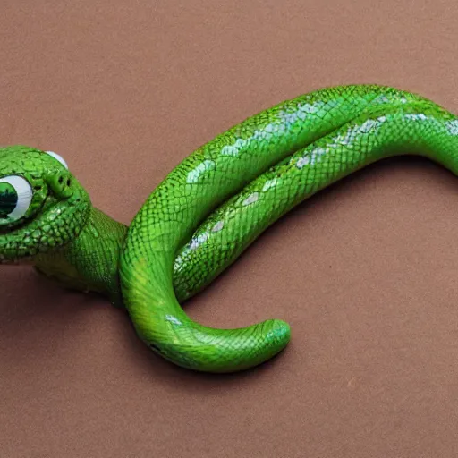 Image similar to long green Sausage with snake head eyes and fangs and with scales