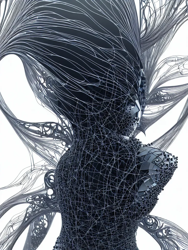 Image similar to futuristic biomech being, ethereal machine, ultralight, quantum deep magic, wings, wires and veins, ferrofluid, bismuth, unsettling yet delicate and beautiful, style blend of hideo kojima, shojo manga, and botticelli, 4 k photorealistic, ultra fine inklines, arnold render