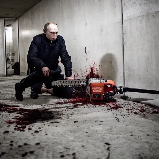 Image similar to putin with a chainsaw and a corpse. in a concrete bunker. focus on putins face with blood splatters. canon eos r 3, f / 1. 4, iso 1 6 0 0, 1 / 8 0 s, 8 k, raw, grainy