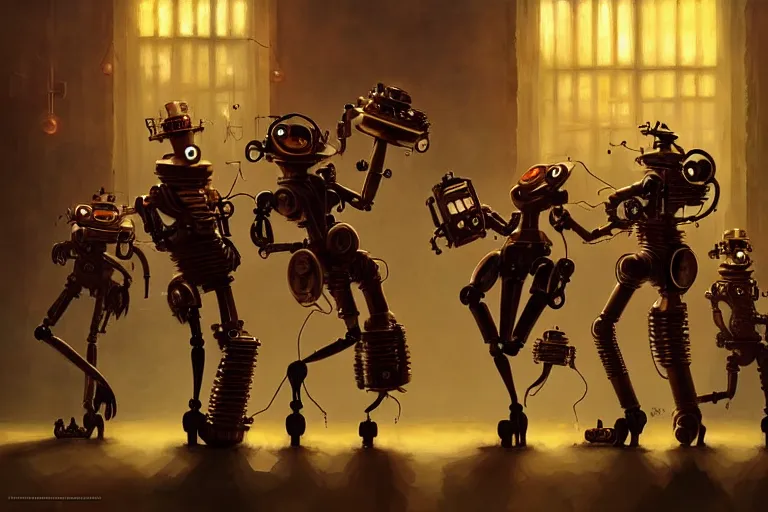 Image similar to steampunk robots dancing by otto dix and greg rutkowski and andreas rocha, cinematic lighting, highly detailed, 4 k