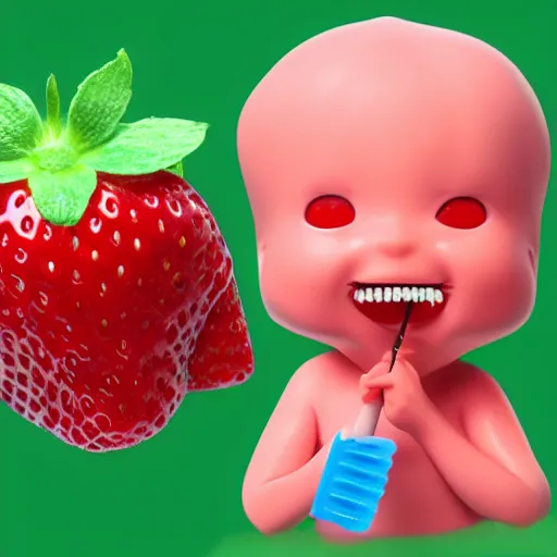 Image similar to a cute strawberry with two front teeth, holding a yellow toothbrush, in the style of shinji aramaki