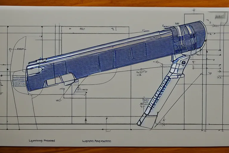 Prompt: blueprint of a laser space gun, technical drawing, concept art, centered with clear border