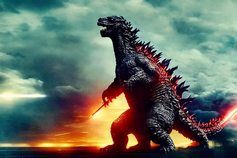 Prompt: godzilla playing the drumset, rock music, concert lights, dynamic photo, still shot from the new godzilla movie