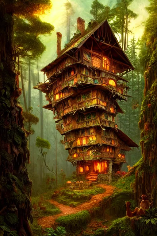 Image similar to a storybook illustration of a ramshackle multistory fairytale hut in the forest, intricate, elegant, fantasy, highly detailed, digital painting, concept art, sharp focus, artstation, painted by Frederic Edwin Church