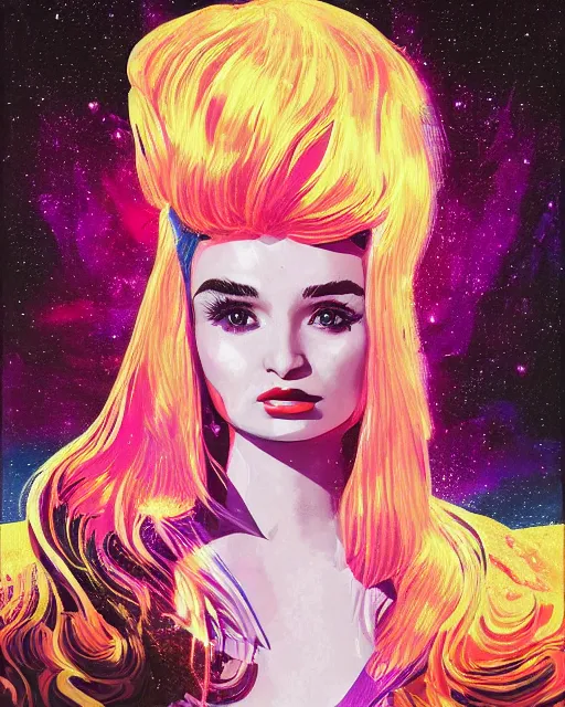 Image similar to a highly detailed and accurate pulp portrait of kim petras in space, 1 9 7 0 s, space station, neon light, delicate embellishments, woman art, painterly, offset printing technique