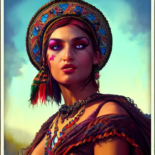 Image similar to the gypsy, perfect eyes, full body shot, portrait, vivid colors, elegant, concept art, sharp focus, digital art, Hyper-realistic, 4K, Unreal Engine, Highly Detailed, HD, Dramatic Lighting by Brom, trending on Artstation