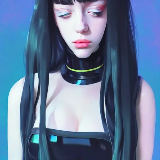 Image similar to a beautiful billie eilish kat dennings alluring instagram model in elaborate latex tank top, by guweiz and wlop and ilya kuvshinov and artgerm and makoto shinkai and studio ghibli, symmetrical eyes, aesthetic, gorgeous, stunning, alluring, attractive, artstation, deviantart, pinterest, digital art