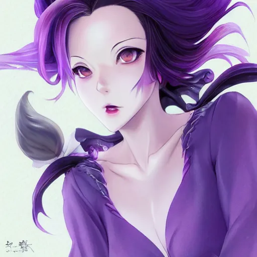 Prompt: Beautiful grown up anime women as a evil witch with purple short hair , pale white skin, artstation , 4K , Highly detailed , high quality , dramatic lighting , drawn by Yusuke Murata , elegant, highly detailed, centered, digital painting, artstation, concept art, artgerm, donato giancola, Joseph Christian Leyendecker, WLOP, Boris Vallejo, Artgerm