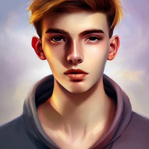 Image similar to colorful Captivating teenage boy with brown blond short quiff hair and thin slightly round facial structure with cleft chin, near eyes, beard, bumpy nose, good definition of cheekbones, Alert brown eyes, narrow face, slim body, atmospheric lighting, painted, intricate, 4k, highly detailed by Charlie Bowater