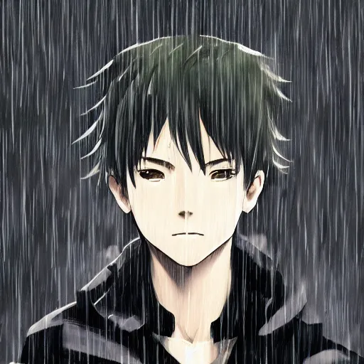 Prompt: portrait of the boy standing in the rain without umbrella, anime fantasy illustration by tomoyuki yamasaki, kyoto studio, madhouse, ufotable, square enix, cinematic lighting, trending on artstation