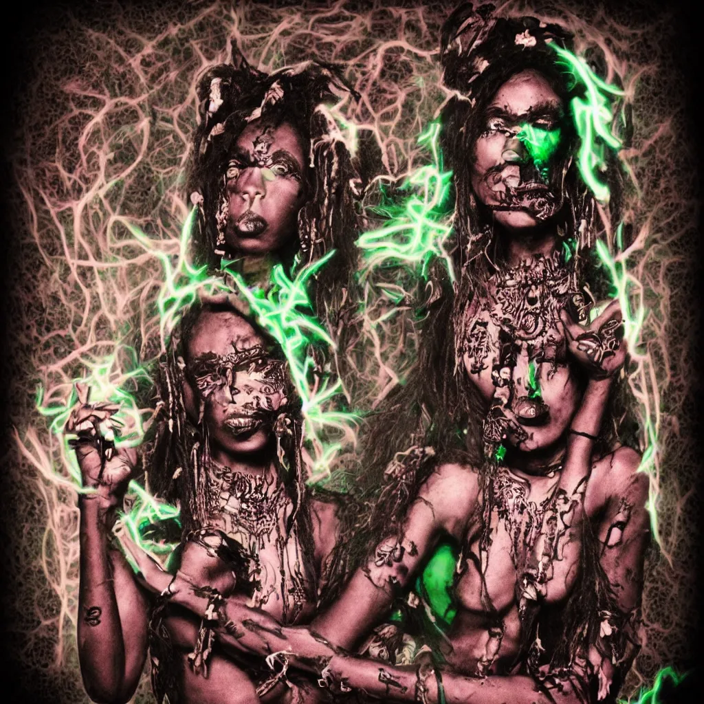 Prompt: dark voodoo priestress with neon tattoo sigils performing a sacred ritual, dark eerie backdrop, realistic digital art, inside a dark evil temple, polaroid pic by hyperrealism