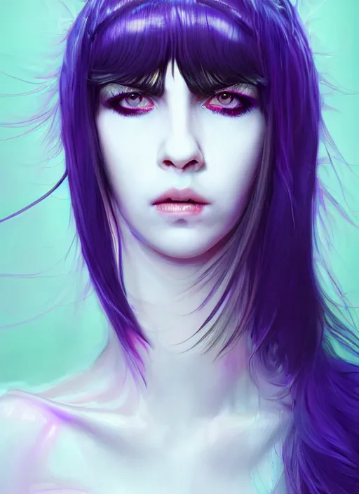 Image similar to whitebangs, black hair, black cyberlox, portrait of white teenage girl, normal face, white bangs, fluffy bangs, cyberlox, whitebangs, red contact lenses, purple background, intricate, elegant, highly detailed, digital painting, artstation, concept art, sharp focus, smooth, illustration, art by wlop, mars ravelo and greg rutkowski