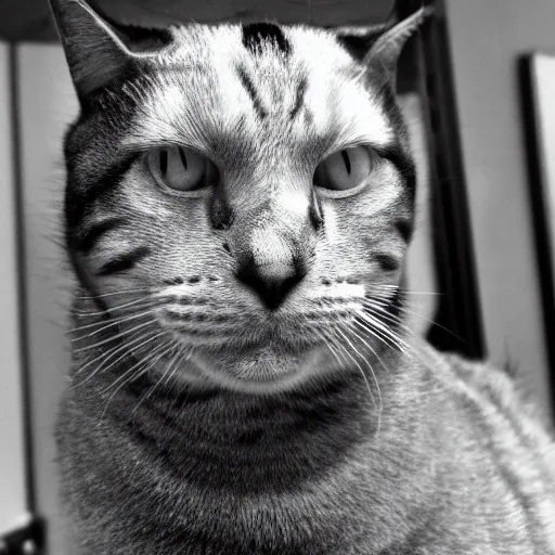Prompt: chad cat looking like Ernest Khalimov, big chin, black and white filter, ultra hd, 8k