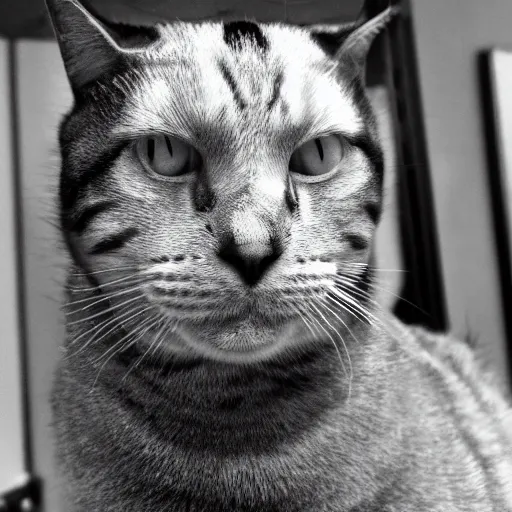 KREA - chad cat looking like Ernest Khalimov, big chin, black and white  filter, ultra hd, 8k