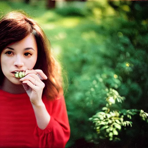 Prompt: portrait of a woman gently biting her lip. nikon 2 9 mm f / 0. 8, cinelux asa 1 0 0, medium - format print.