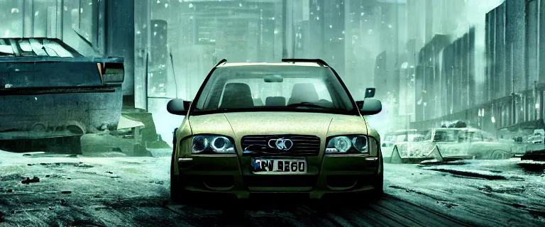 Image similar to Audi A4 B6 Avant (2002), a post apocalyptic, dramatic lighting, cinematic, establishing shot, extremly high detail, photorealistic, cinematic lighting, artstation, style by greg rutkowsky, Max Payne (PC) (2001)