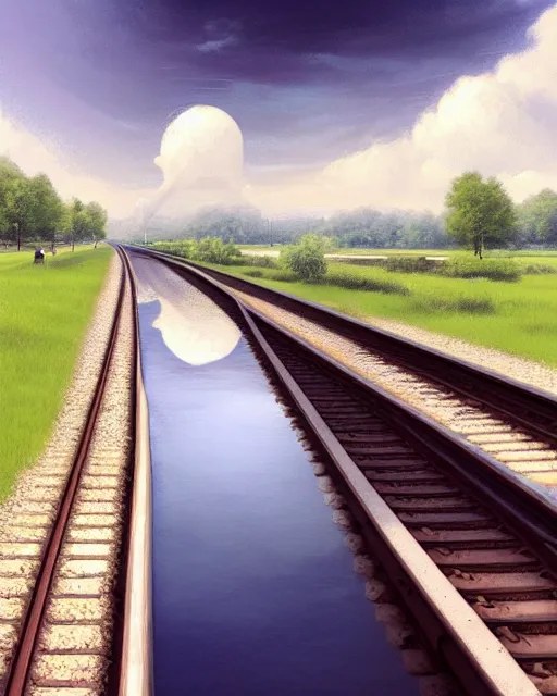 Image similar to shallow reflective water completely covers submerged train tracks as a girl walks along carrying her shoes, there is a train station in the distance, large white clouds on a wide horizon, intricate, elegant, highly detailed, digital painting, artstation, concept art, smooth, sharp focus, illustration, art by artgerm and greg rutkowski and fra angelico