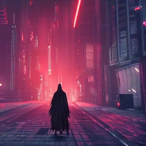 Image similar to photo of a grimm reaper walking in a futuristic city in a dystopian future made of electronic components and looks like a giant pcb board. Very detailed 8k. Unreal engine 5 render with nanite, global illumination and path tracing. Emphasize on the colors black and red.