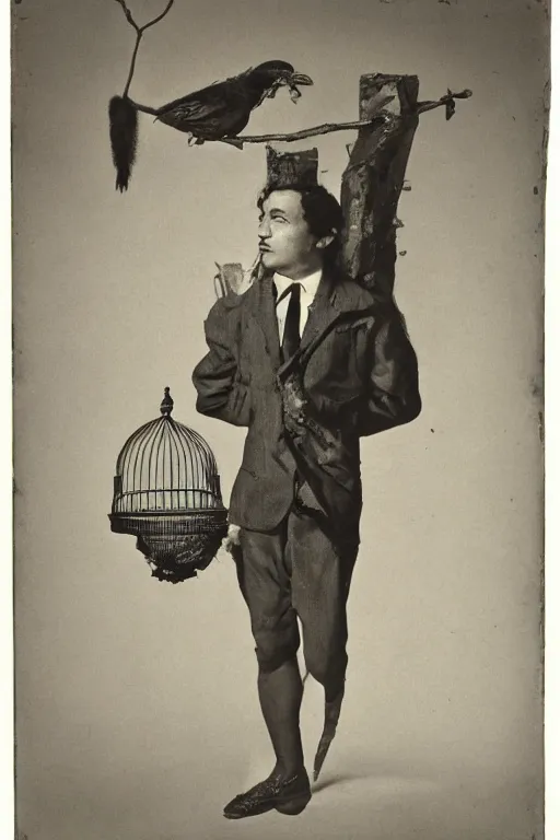 Image similar to ultra realistic vintage photo portrait of a man with a birdcage through his body and mountains behind, by Irving Penn and Francisco de Goya
