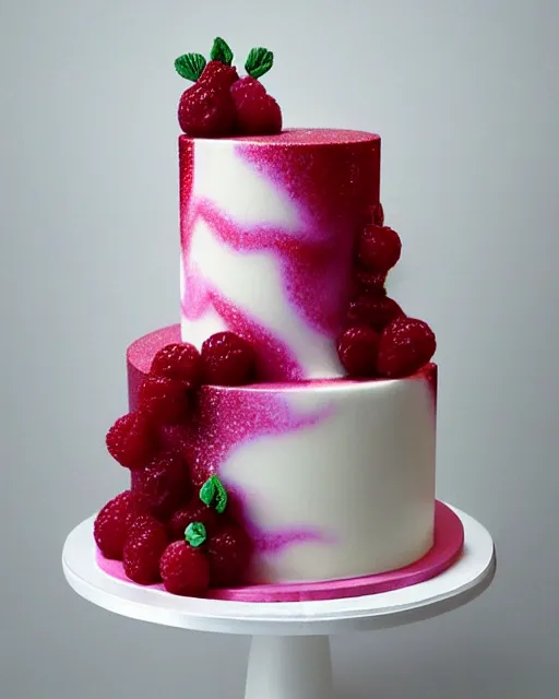 Prompt: elegant quartz raspberry wedding cake dripping fondant, stylized, sparkling, glitter, gilding, ornate, sylvain sarrailh, artstation