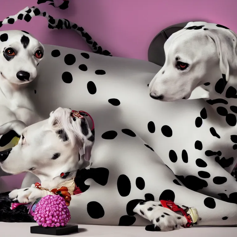 Image similar to vogue photoshoot octane render of 1 0 1 dalmatian with white background, focus bright colorful pastel exotic vintage boutique hotel lounge, very short depth of field, bokeh