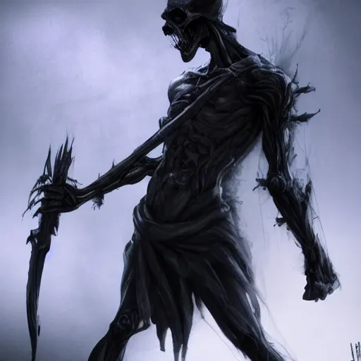 Image similar to wraith, undead, dynamic pose, skull, terrifying, dark, fog, artstation