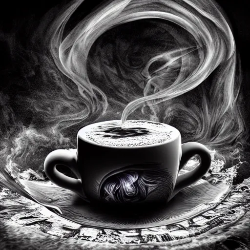 Image similar to a beautiful detailed 3 d matte whirlpool in a cup of coffee on a desk, ominous, magical realism, texture, intricate, skull, skeleton, whirling smoke radiant colors, fantasy, volumetric lighting, high details