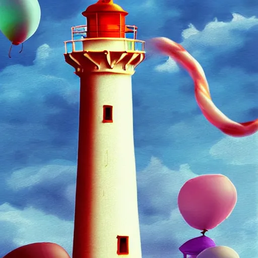 Image similar to a lot of floating birthday balloons. beautiful sea with a lighthouse that looks like a candle. digital art, highly - detailed, artstation cgsociety masterpiece