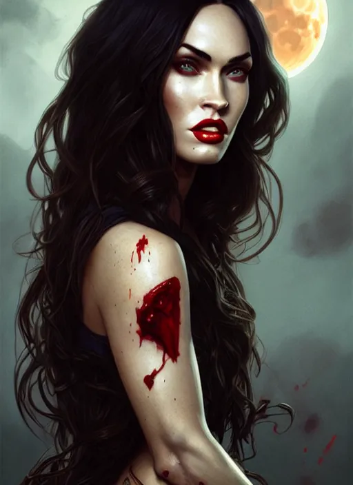 Image similar to portrait of megan fox as vampire queen, bats, dracula, blood, full moon, intricate, headshot, highly detailed, digital painting, artstation, concept art, sharp focus, cinematic lighting, illustration, art by artgerm and greg rutkowski, alphonse mucha, cgsociety