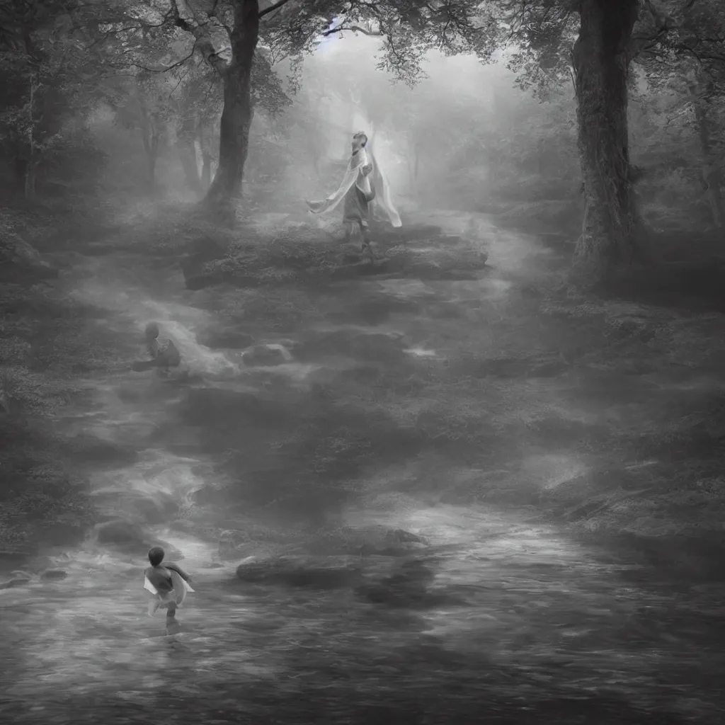 Image similar to an angel stripped of it's wings chasing a child through a creek in the woods, bad dream, hazy memory, volumetric, hyper realistic, octane render, dark black and white in the style of alvin schwartz, epic angles